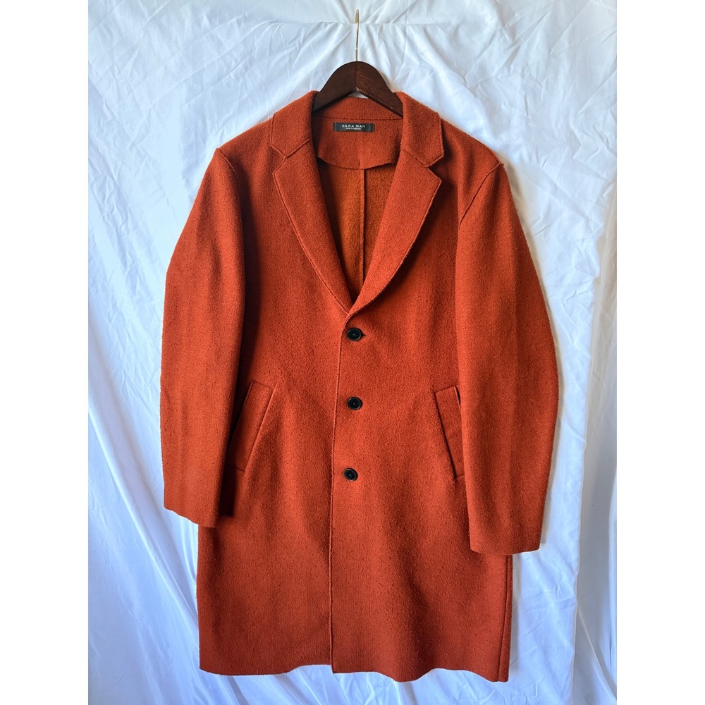 Zara Man Burnt Orange Long Overcoat Textured Three Button Jacket Mens